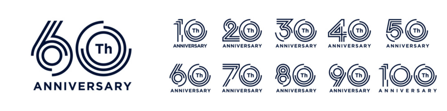 collection anniversary 10 to 100 year logo designs. abstract number for celebration event, wedding, greeting card, and invitation, vector illustration