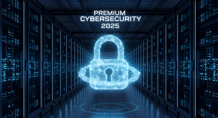Futuristic digital padlock glowing in server room, representing cutting-edge cybersecurity and data protection for 2025 and beyond