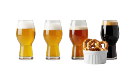 Four clear glass beer tasting glasses with a golden to dark color gradient, a ramekin of artisanal sourdough pretzels, arranged in a linear row on a transparent background, commercial beer