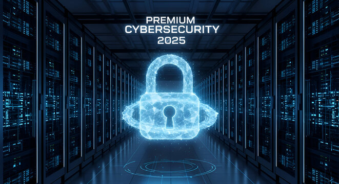 Futuristic digital padlock glowing in server room, representing cutting-edge cybersecurity and data protection for 2025 and beyond - Powered by Adobe