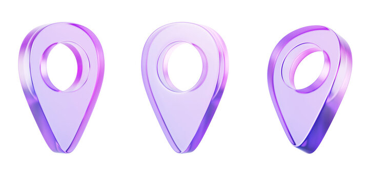 3d glass holographic transparent map pin set. GPS navigation icon, crystal location point with morphism gradient, travel app destination mark, delivery address symbol, pointer render