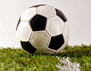 Fototapeta premium Black and white soccer ball on green artificial turf field