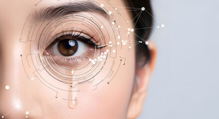 Stunning close-up of a woman's eye overlaid with futuristic digital interface and network connections, symbolizing data, vision, and technology innovation.