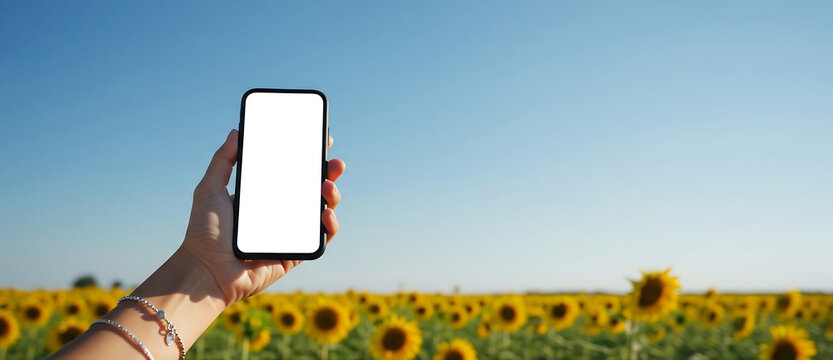 Hand holding a smartphone with a blank screen in a vibrant sunflower field under a clear blue sky, perfect for mockup or app display.
