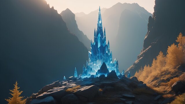 An enchanted fortress made of glowing blue crystals stands majestically in a remote, sunlit mountain valley