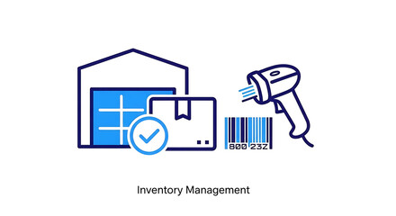Illustration of a warehouse with a box checkmark barcode scanner and barcode for inventory management ai generated
