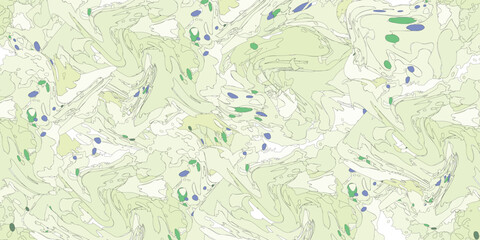 Abstract topographic map featuring swirling lines and colored dots, suggesting a landscape.