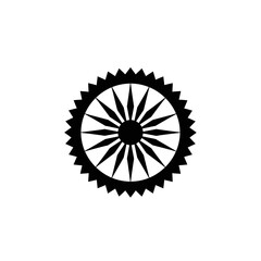 A black silhouette icon of a stylized wheel with 24 radiating spokes and a serrated, gear-like outer edge.