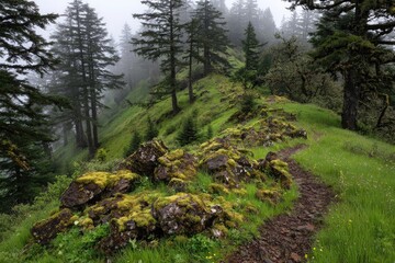 Obraz premium Misty mountain trail winds through mossy rocks