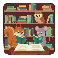 Adorable vector illustration shows a squirrel, owl, and mouse peacefully reading books on shelves in a cozy library corner, with a vibrant open book in the foreground.