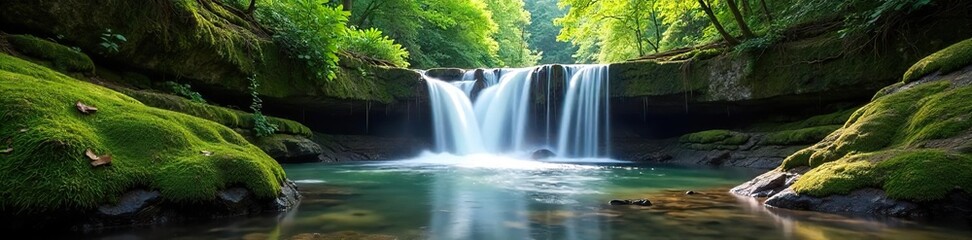Obraz premium Serene waterfall cascading down moss-covered rocks into a tranquil creek below, surrounded by lush greenery and sunlight dappling through the leaves , flowing, cascade, serenity