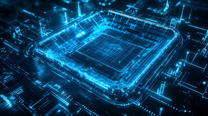 Futuristic digital hologram of a glowing soccer stadium for sports and technology design