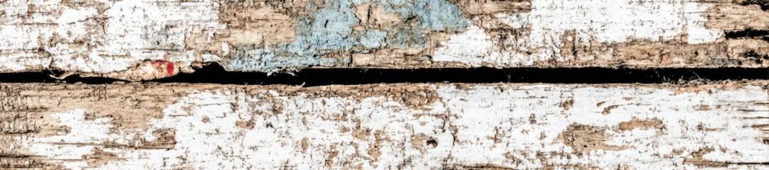 Fototapeta premium Weathered, layered wood planks with faded paint