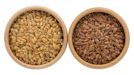Golden and brown flax seeds in wooden bowls isolated on white background
