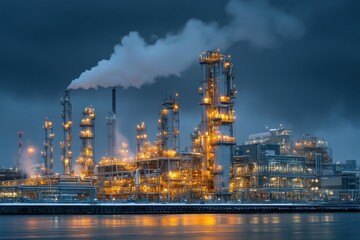Dusk Panoramic View of a Petrochemical Plant with Illuminated Structures and Emitting Smoke