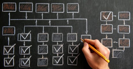 Hand drawing a complex flowchart on a chalkboard