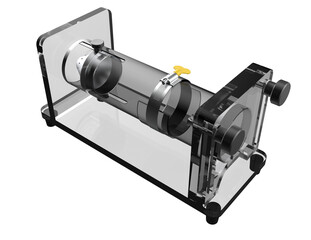 Clear Acrylic Small Animal Rodent Restrainer for Laboratory Research: Secure Mouse and Rat Restraint Device for Scientific Studies, Preclinical Biomedical Research and Vivarium Use. Isolated PNG file.