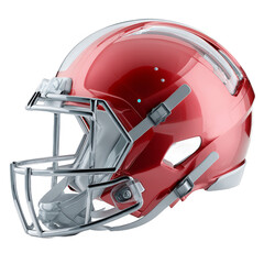 A red football helmet with metallic details, designed for sports protection, featuring ventilation and secure straps.