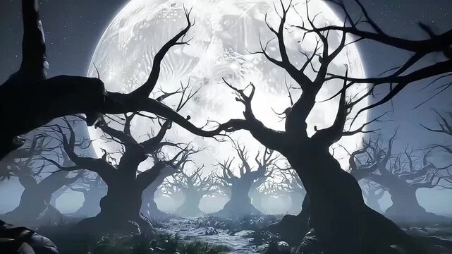 Dark Twisted Forest of Leafless Trees Under Bright Full Moon in Eerie Night Scene
