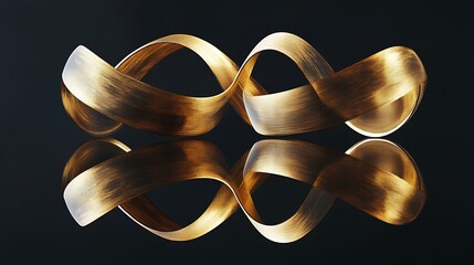 Abstract Metallic Ribbon Artwork with Golden Loops on Elegant Black Background, Elegant Golden Ribbon Loops in Abstract Infinity Design, ideal for modern art, and elegant design projects.