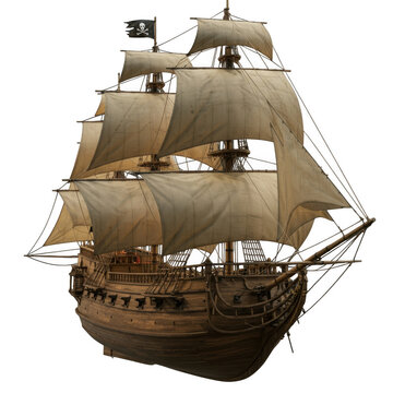 Detailed wooden pirate ship with full sails and jolly roger flag isolated on transparent background