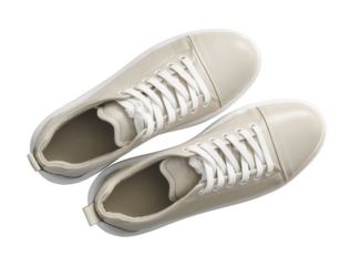 Pair of casual leather beige sneakers isolated on white or transparent background. Top view.