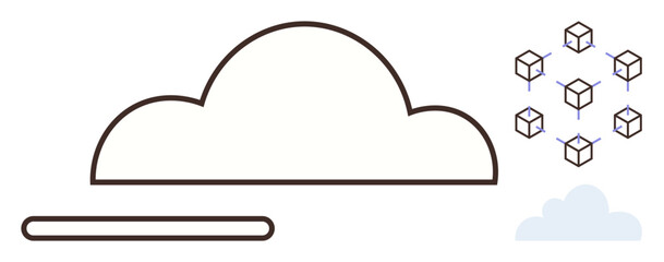 Abstract minimal design featuring a large cloud shape connected to data blocks symbolizing cloud storage and networking. Ideal for technology, innovation, data transfer, cloud services