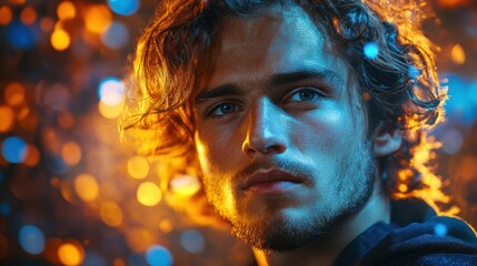 Close-up portrait of a young man with vibrant lighting