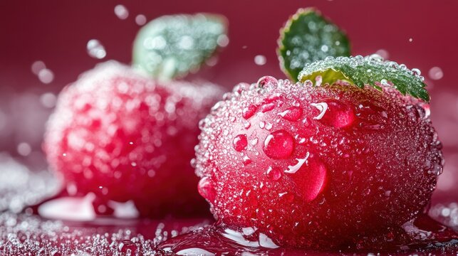 Close-up of wet red grapes with leaves