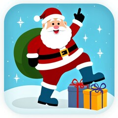 Jolly Santa Claus with gifts and sack on snowy background Christmas holiday