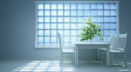 Light-filled room with a white table and chairs, a plant, and a window with translucent blocks