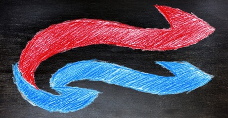 Two intertwined, stylized arrows, red and blue, drawn on a dark surface