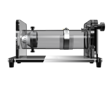 Specialized scientific Rodent Restraint Device (MiceRat Restrainer) for preclinical research and animal handling. Isolated 3D render of lab equipment with adjustable clear acrylic tube.