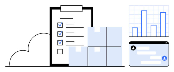 Checklist with blue checkmarks, stacked boxes, bar chart, and messaging prompt in cloud-based context. Ideal for logistics, inventory tracking, task planning, teamwork, productivity data management