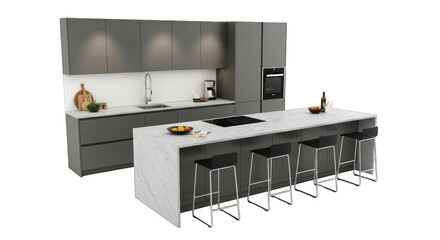 Modern Gray Kitchen with Island and Bar Stools.