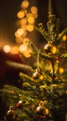Fototapeta premium A festively decorated tree adorned with golden ornaments, surrounded by twinkling holiday lights.