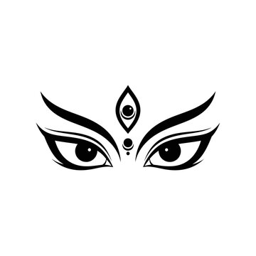 Stylized illustration of a goddess's eyes with prominent eyebrows and a third eye symbol, rendered in black on a white background.