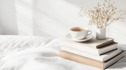 Embracing tranquility with vintage books, dried blooms, and a warm cup of tea in a serene setting