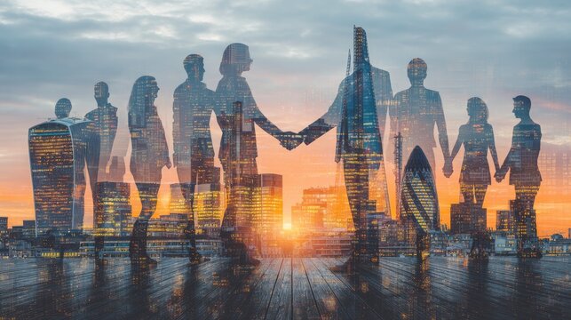 Silhouette Of Business People Handshake City Sunset