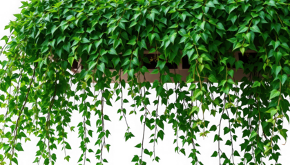 Lush green ivy cascading from a window box against a dark background creating a natural curtain
