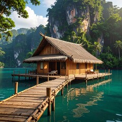 Fototapeta premium Floating wooden and bamboo house designed for sustainable living on water with natural, eco-friendly materials.
