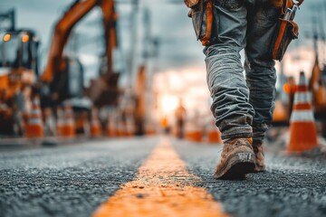Worker with Tool Belt Guiding Traffic Near Excavation Site During Sunset