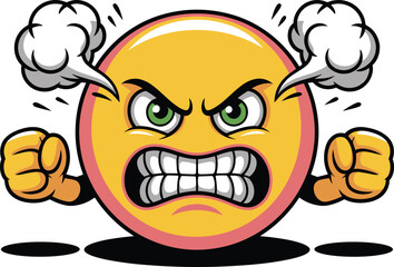 Angry emoji with clenched fists, steam ears, furious face, rage emoticon, frustration cartoon character, digital anger symbol, upset smiley icon, irritation expression