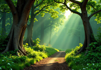 Forest Path with Sunbeams and Lush Vegetation