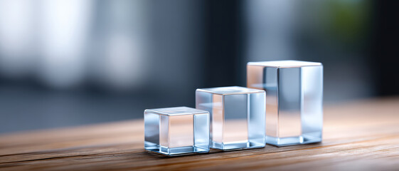 Growing business venture seeks capital investment for sustainable ecosystem. Clear blocks on wooden table represent progressive steps towards financial goal