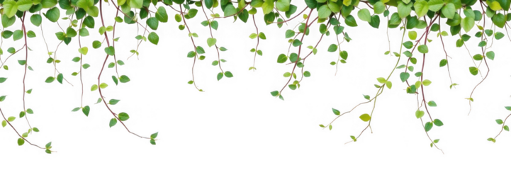 Hanging green vines with small round leaves isolated against a black background creating a natural border
