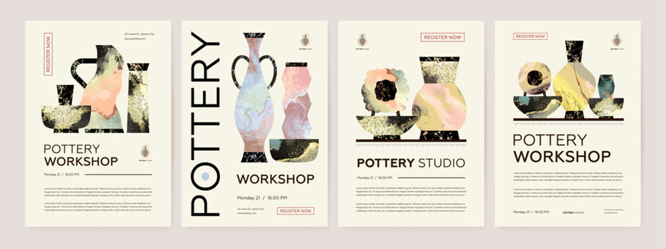 Set of pottery workshop advertising vectot poster design template. Hand made ceramics, clay crockery flat illustration. Pottery lesson, ceramic studio, hobby master class invitation layout