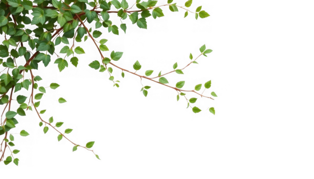 A close up of green leaves and brown twigs on a branch against a black background in soft focus