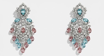 Elegant dangling earrings shimmer softly reflecting light playful pastel gems. AI Generated