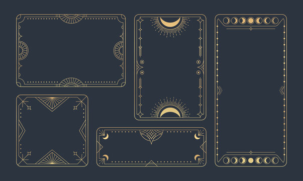 Vintage tarot frame collection with moon phases and celestial ornaments for mystical card design. Golden borders with sun rays, stars and geometric patterns on dark background. Esoteric templates.